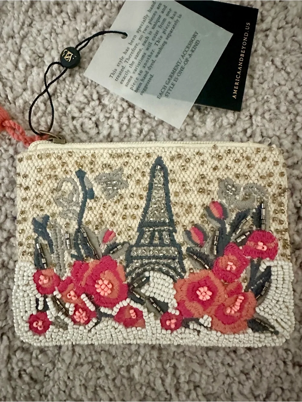 America and Beyond Embellished Floral Beaded Wristlet - Cream with Pink Accents